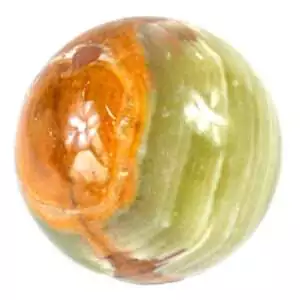 Polished green onyx sphere measuring 1.5 to 2 inches, showing smooth banded deep green stone surface on a white background