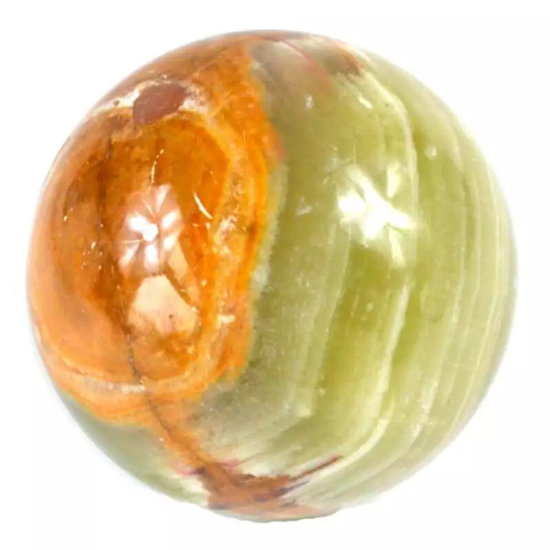 1-12-to-2quot-Green-Onyx-sphere-GSONYG2 Polished green onyx sphere with banded orange and green stone.