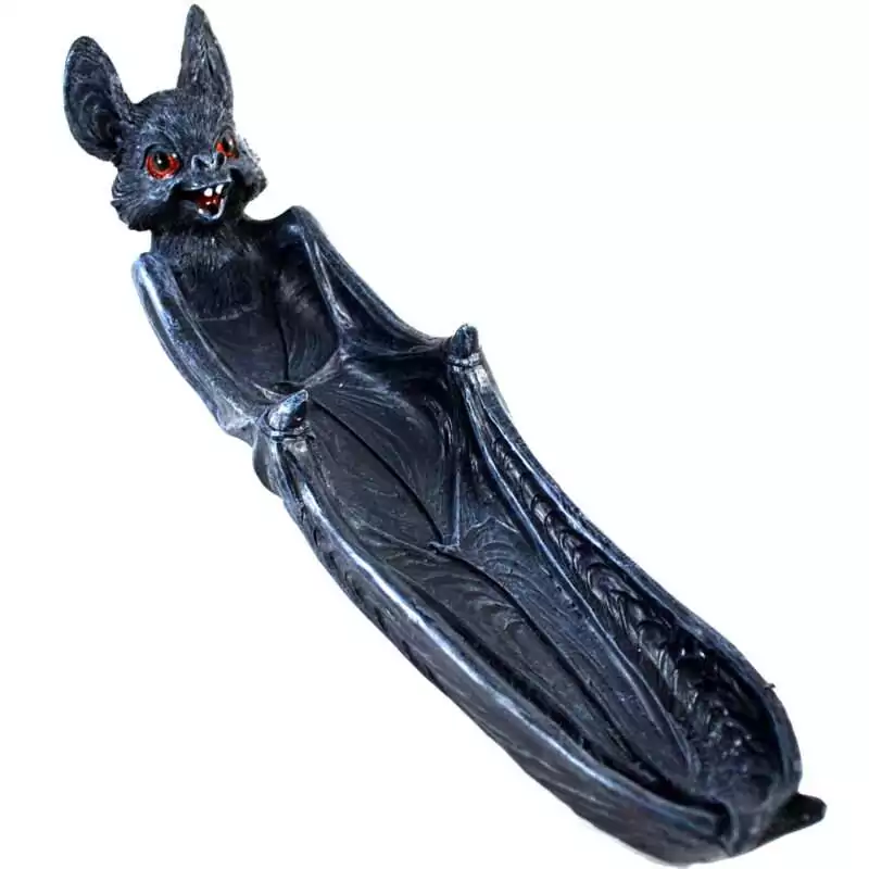 10-12quot-Bat-incense-holder-IB3508 10.5-inch dark resin bat figurine incense stick holder with wings spread, showing detailed bat sculpture with stick incense channel on a white background