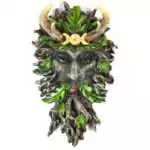 10.5 inch circular wall plaque depicting the Green Man with a face emerging from leaves and foliage in detailed relief