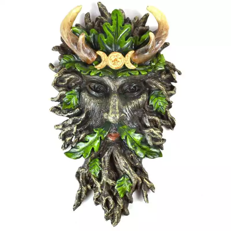 10-12quot-Greenman-wall-plaque-SG4742 10.5 inch circular wall plaque depicting the Green Man with a face emerging from leaves and foliage in detailed relief