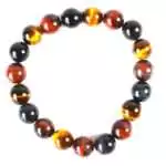 10mm tricolor tiger eye stretch bracelet showing golden-brown, red, and blue-grey banded beads on elastic cord, displayed flat