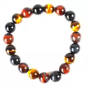 10mm tricolor tiger eye stretch bracelet showing golden-brown, red, and blue-grey banded beads on elastic cord, displayed flat