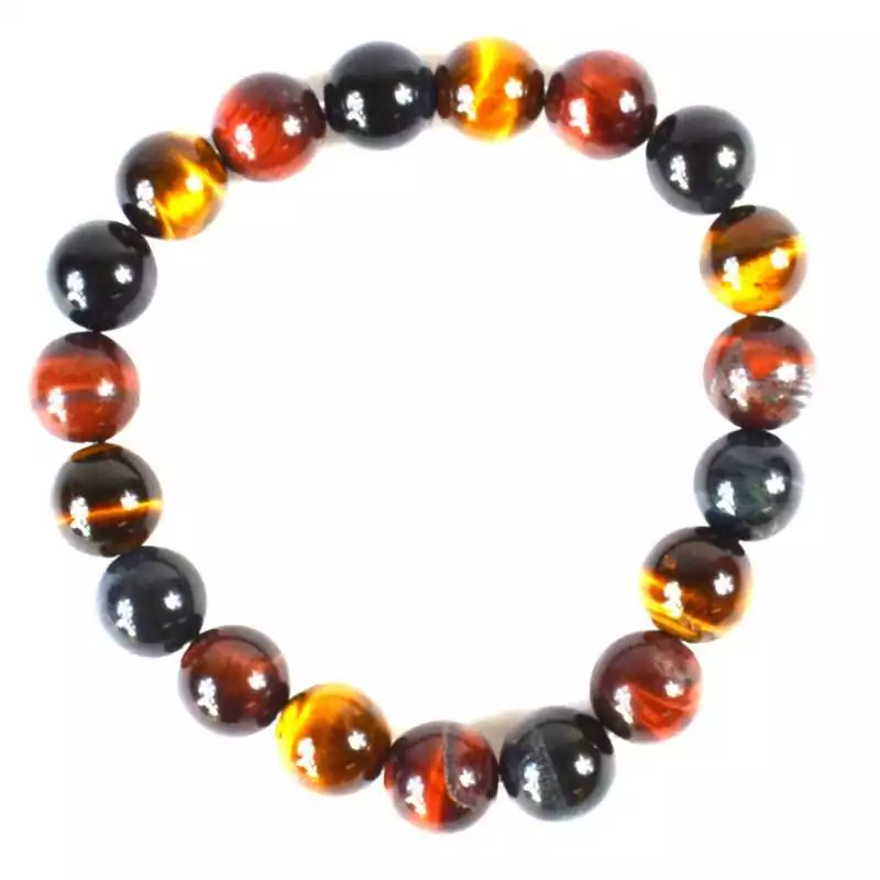 10mm-Tiger-Eye-Tricolor-JB10026 10mm tricolor tiger eye stretch bracelet showing golden-brown, red, and blue-grey banded beads on elastic cord, displayed flat