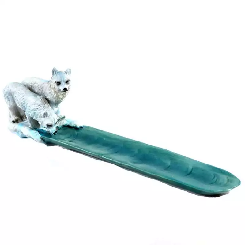 10quot-Wolf-Drinking-incense-holder-IB3489 10-inch resin wolf figurine incense stick holder showing a wolf in a drinking or resting pose with incense stick hole visible on a white background