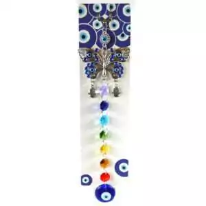 11.75-inch butterfly evil eye wall hanging with blue Nazar beads and colorful butterfly wing details on a white background