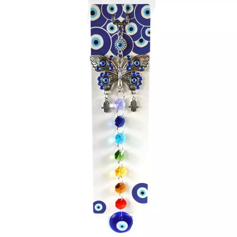 11-74quot-Butterfly-evil-eye-wall-hanging-FWH036 11.75-inch butterfly evil eye wall hanging with blue Nazar beads and colorful butterfly wing details on a white background