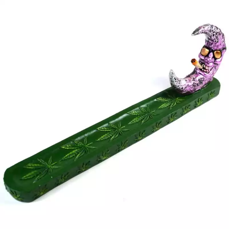 11quot-Stoner-Moon-incense-burner-IB3506 11-inch moon-shaped resin incense stick burner with a crescent or full moon design, shown on a white background with incense channel visible