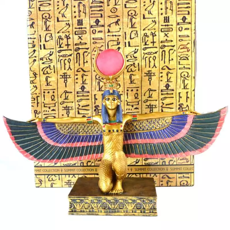 12-14quot-Isis-W-Open-Wings-SI5381 12.25 inch resin Isis goddess statue with large open wings extended, wearing an Egyptian crown, on a plain background