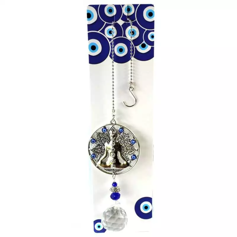 13-14quot-Buddha-Faceted-Crystal-wall-hanging-FWH010 Wall hanging measuring 13.25 inches with a Buddha charm and hanging faceted crystal prisms that cast rainbow light, shown against plain background