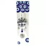 Wall hanging measuring 13.25 inches with Tree of Life charm, blue evil eye nazar bead, and dangling faceted crystal prisms on cord