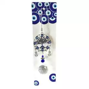 Wall hanging measuring 13.25 inches with Tree of Life charm, blue evil eye nazar bead, and dangling faceted crystal prisms on cord