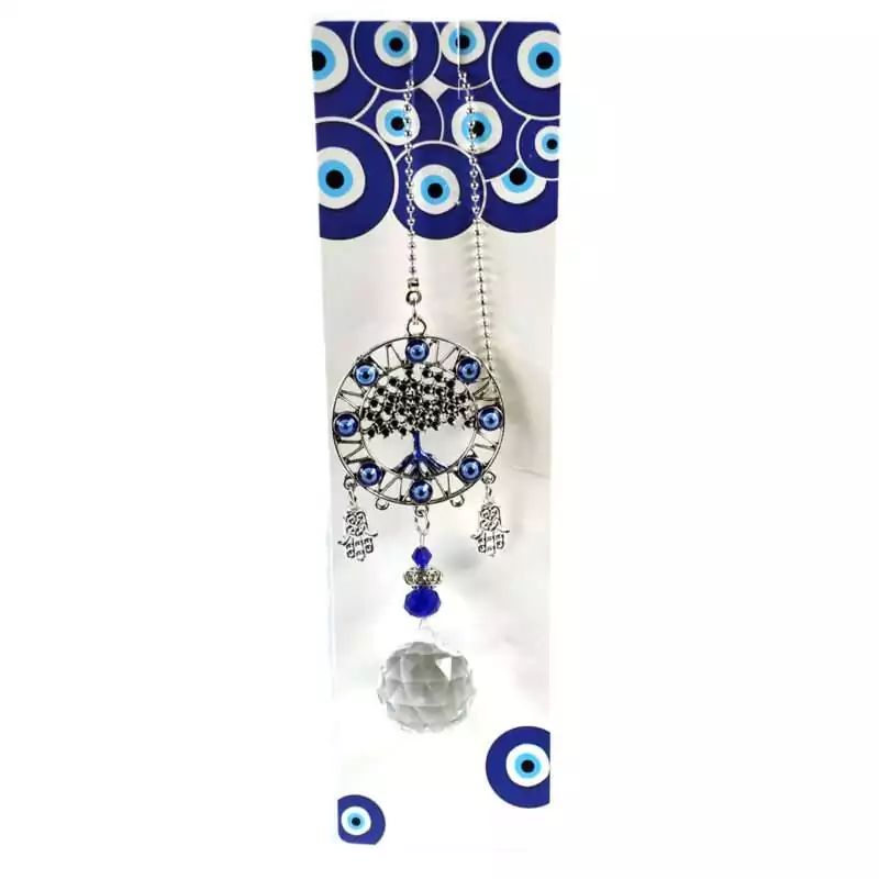 13-14quot-Tree-Of-Life-Faceted-Crystal-evil-eye-wall-hanging-FWH011 Wall hanging measuring 13.25 inches with Tree of Life charm, blue evil eye nazar bead, and dangling faceted crystal prisms on cord