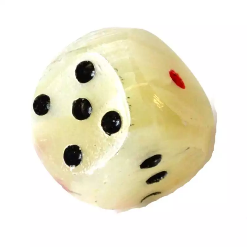 1quot-Green-Onyx-dicet-GDONYG Single 1-inch polished green onyx die showing carved number faces, deep green banded stone with smooth surface on a white background