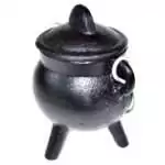 2.5-inch black cast iron cauldron with three legs and two side handles, plain round bowl shape for altar ritual use