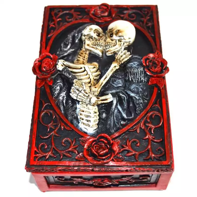 3-12quot-x-5-14quot-Skeleton-box-FB3495 Rectangular 3.5 by 5.25 inch hinged resin box with full skeleton relief sculpted on the lid, dark aged finish, shown on plain background