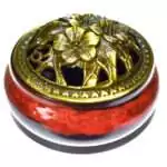 3.75-inch ceramic cone incense burner with red and black lava-flow glaze pattern, cone holder recess visible on top surface