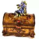 Small 3 by 4.5 inch hinged resin dragon chest with detailed dragon sculpted across lid and exterior sides, dark metallic finish
