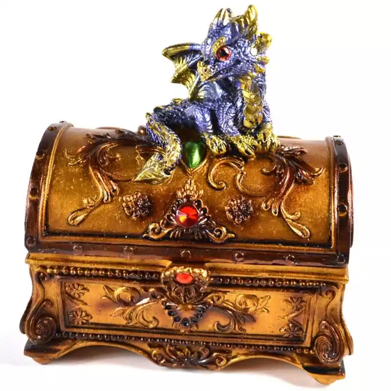 Small 3 by 4.5 inch hinged resin dragon chest with detailed dragon sculpted across lid and exterior sides, dark metallic finish