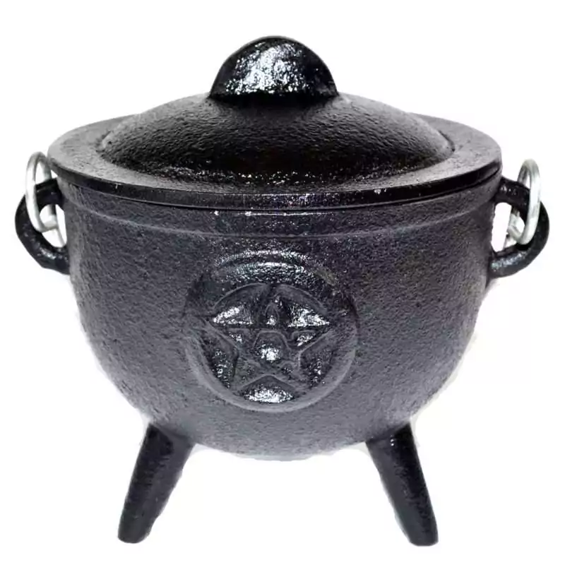 4-12quot-Pentagram-cast-Iron-cauldron-IC015 4.5-inch black cast iron cauldron with embossed pentagram star on the side, three legs and curved handles, shown on plain background