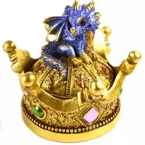 Round 4.5-inch hinged resin keepsake box with dragon and crown sculpted lid, detailed hand-painted finish, shown closed on plain background