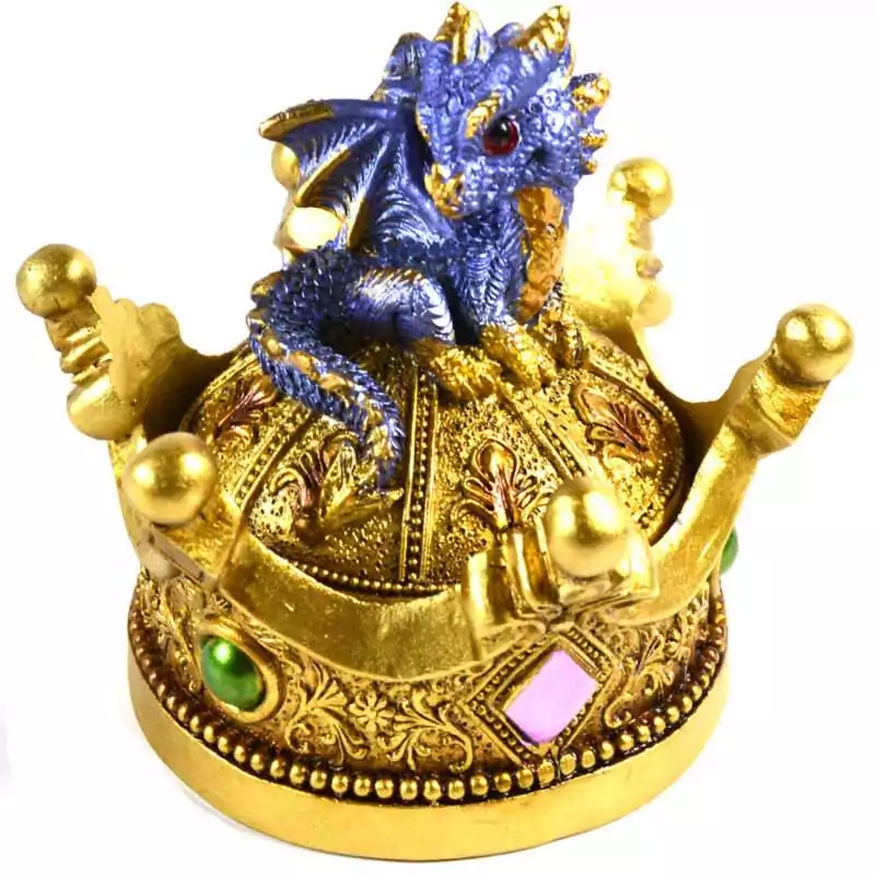 Round 4.5-inch hinged resin keepsake box with dragon and crown sculpted lid, detailed hand-painted finish, shown closed on plain background