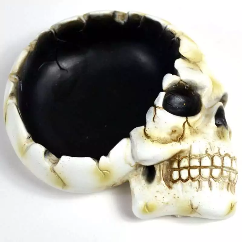 4-12quot-x-6quot-Skull-ashtray-FAT3521 Resin skull ashtray measuring 4.5 by 6 inches with detailed skull relief design, dark finish, shown on plain white background