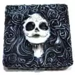 Square 4.25-inch hinged resin keepsake box with Day of the Dead sugar skull and floral design on lid in vivid colours
