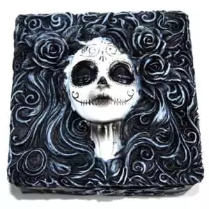 Square 4.25-inch hinged resin keepsake box with Day of the Dead sugar skull and floral design on lid in vivid colours