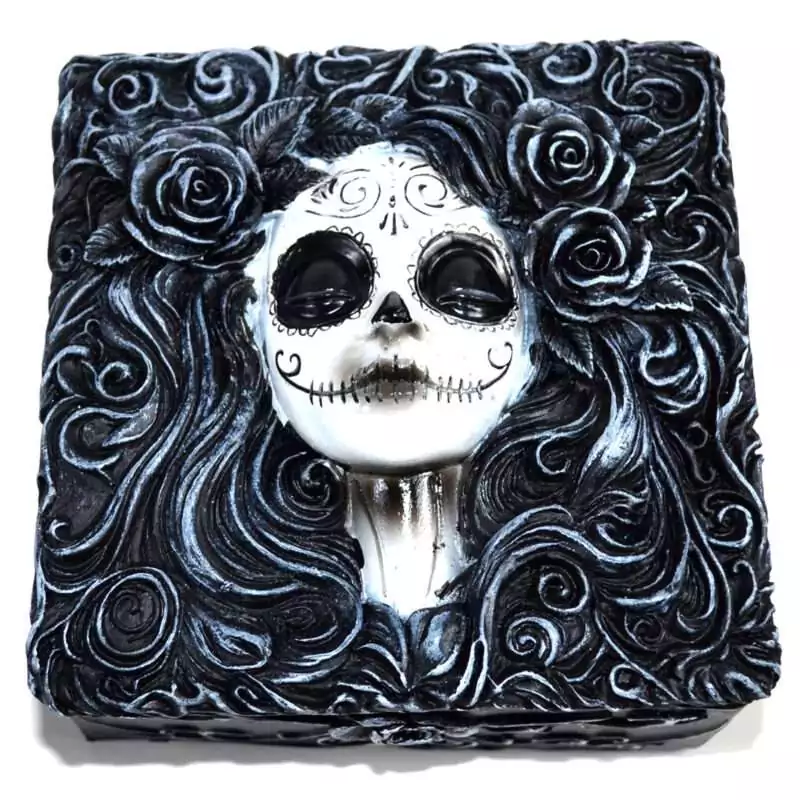 Square 4.25-inch hinged resin keepsake box with Day of the Dead sugar skull and floral design on lid in vivid colours