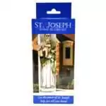 4.75 inch St. Joseph statue in white and gold coloring beside a printed prayer card, for the home seller devotional kit