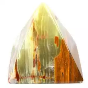 Polished green onyx pyramid measuring 45 to 50mm with smooth banded green stone surface and pointed apex on a white background