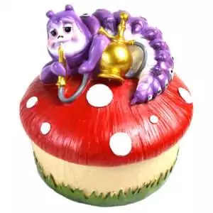 Round 4-inch hinged resin box with Caterpillar and mushroom from Alice in Wonderland sculpted on the lid in colourful hand-painted detail