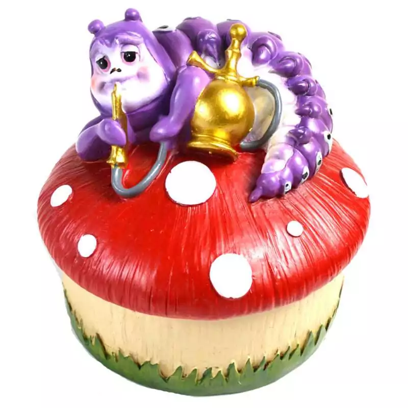 Round 4-inch hinged resin box with Caterpillar and mushroom from Alice in Wonderland sculpted on the lid in colourful hand-painted detail
