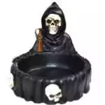 Resin 4 x 5 inch Grim Reaper ashtray with sculpted hooded scythe-bearing figure in relief, dark finish, shown on white background