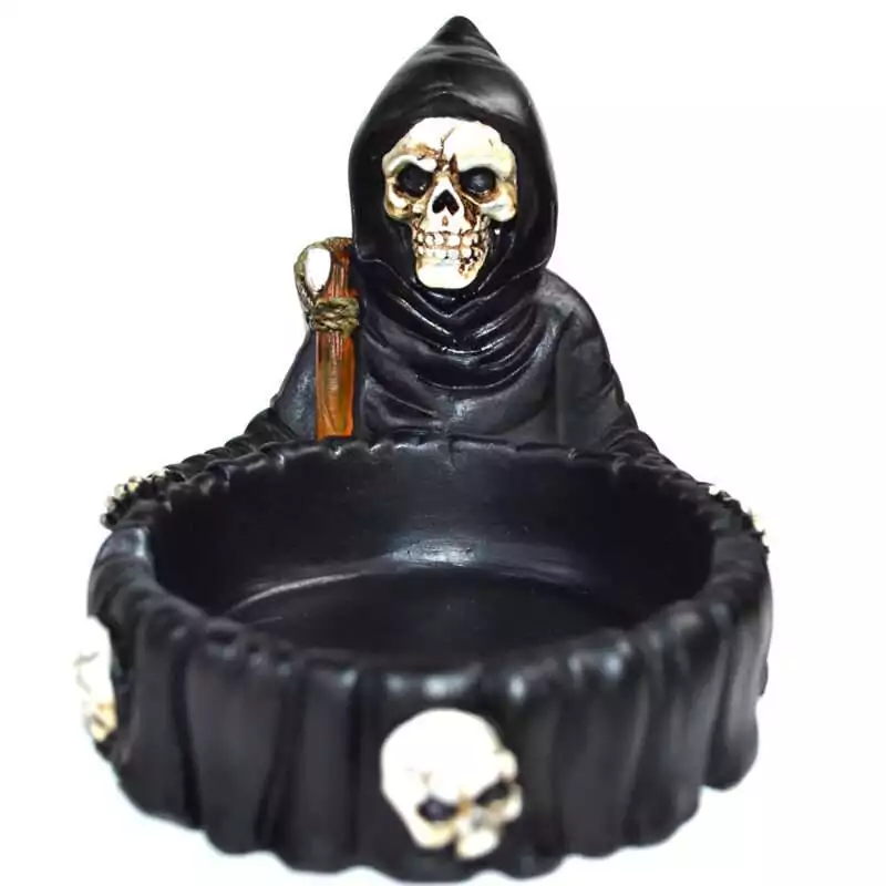4quot-x-5quot-Grim-Reaper-ashtray-FAT3522 Resin 4 x 5 inch Grim Reaper ashtray with sculpted hooded scythe-bearing figure in relief, dark finish, shown on white background