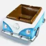 Resin 4 x 5 inch novelty ashtray shaped as a retro hippie van painted with flowers and peace signs in colorful boho style