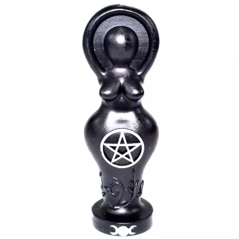 5-12quot-Black-Goddess-candle-CGODBK A 5.5-inch black goddess figure candle molded in the silhouette of a standing female form, solid black wax with smooth finish on a plain background