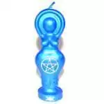 A 5.5-inch blue goddess figure candle cast in the silhouette of a standing female form, deep blue wax with smooth molded finish against a plain background