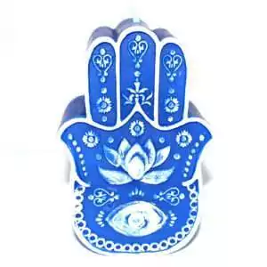 A 5.5-inch blue wax figure candle molded in the shape of the Hand of Fatima (Hamsa), showing a detailed hand silhouette in deep blue with a smooth wax finish