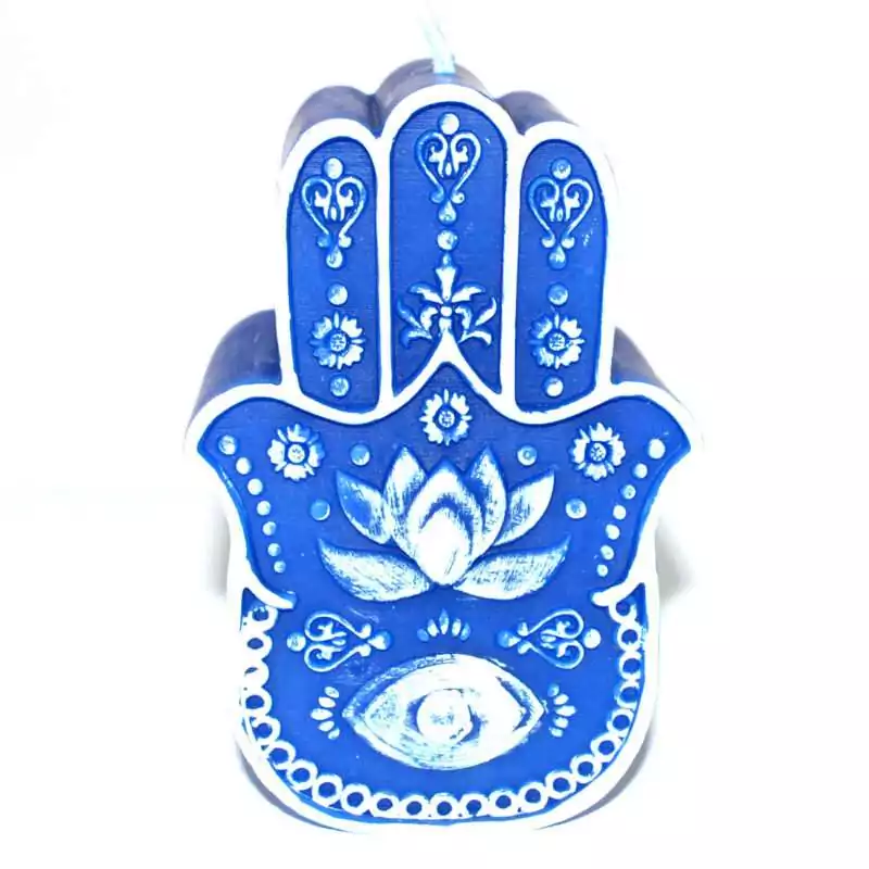 A 5.5-inch blue wax figure candle molded in the shape of the Hand of Fatima (Hamsa), showing a detailed hand silhouette in deep blue with a smooth wax finish