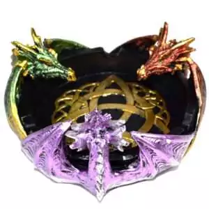 5-inch resin incense holder and ashtray with three dragon figurines surrounding a central bowl, showing detailed dragon sculpting in dark tones on a white background