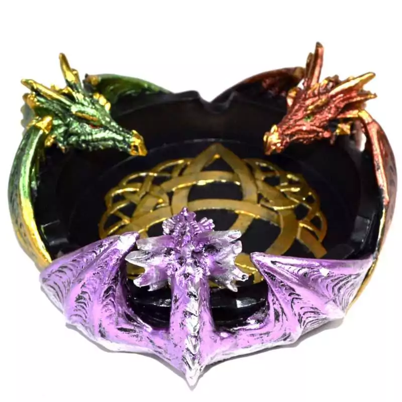 5quot-3-Dragon-incense-holder-ashtray-IB3507 5-inch resin incense holder and ashtray with three dragon figurines surrounding a central bowl, showing detailed dragon sculpting in dark tones on a white background