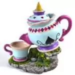 5-inch ceramic Alice in Wonderland teapot backflow incense burner with painted floral and character motifs, shown from the front