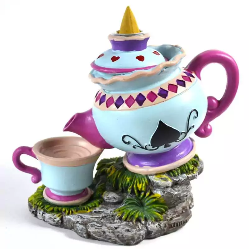 5quot-Alice-Tea-Pot-backflow-incense-burner-IBF3528 5-inch ceramic Alice in Wonderland teapot backflow incense burner with painted floral and character motifs, shown from the front