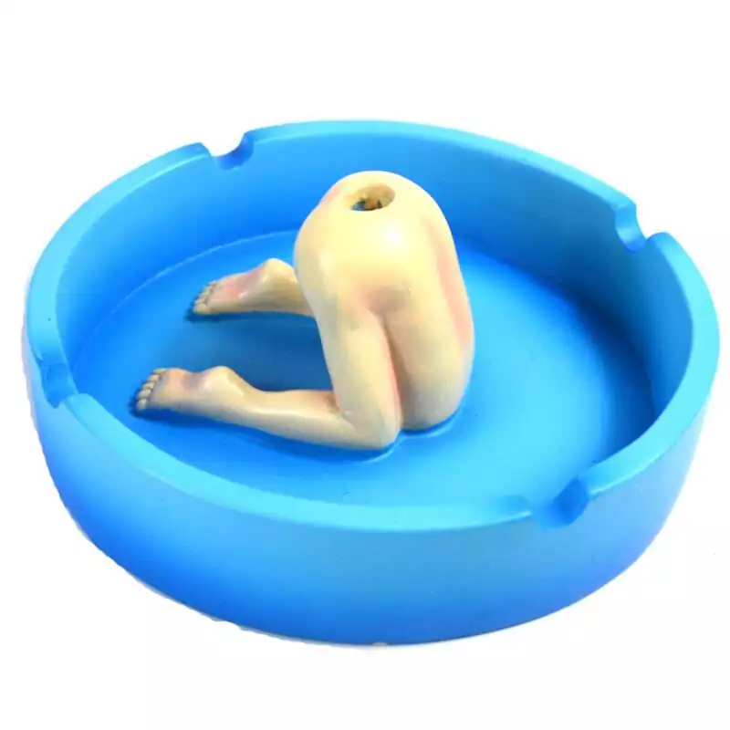 Round 5-inch resin Butt Snuffer ashtray in novelty design for incense ash and altar use, shown from above on plain background