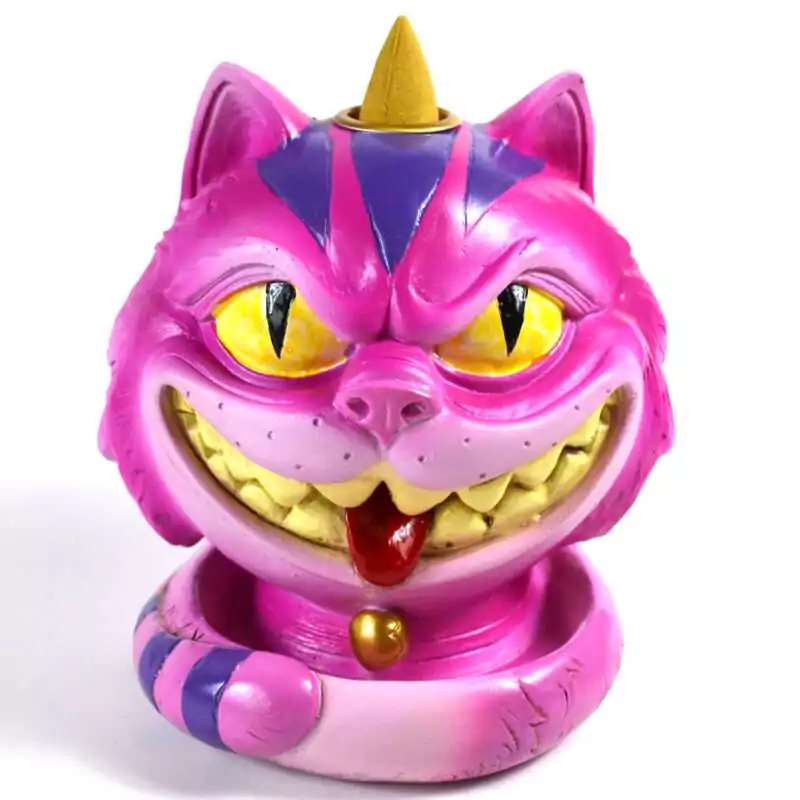 5quot-Cheshire-Cat-backflow-incense-burner-IBF3533 5-inch ceramic Cheshire Cat backflow incense burner with grinning cat figure in purple and pink painted glaze, cone burner at base
