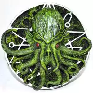 5 inch wall plaque featuring Cthulhu with tentacles and wings in detailed relief sculpture on a plain background