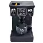 5-inch resin espresso coffee machine backflow incense burner sculpted to resemble a miniature espresso maker, showing detailed appliance design with backflow cone chamber on a white background