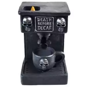 5-inch resin espresso coffee machine backflow incense burner sculpted to resemble a miniature espresso maker, showing detailed appliance design with backflow cone chamber on a white background